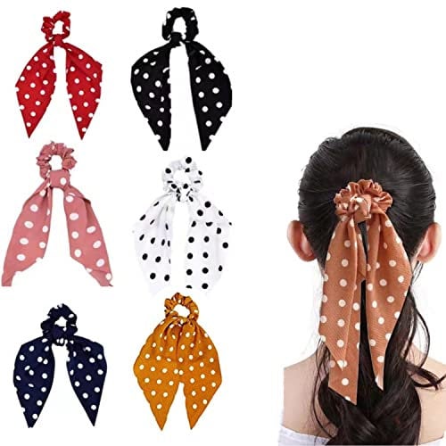 6 Pieces Chiffon Floral Scrunchie Ribbon Bow Scrunchies Ponytail Polka Dot Hair Scarves 2 in 1 Hair Ties Use for Women Girls