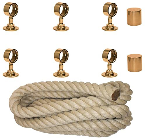Handlaufseil Set 30mm - bestehend aus 2 Endkappen 6 Seilträger Messing glänzend und 6m Nature Touch Handlaufseil naturfarben