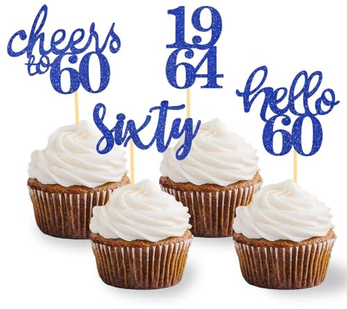 24 Stück Glitzer 60. Geburtstag Cupcake Topper Geburtstagsdeko von 1965 für 60 Geburtstagsfeier Zubehör Party Dekoration Kuchendekoration (Blau)