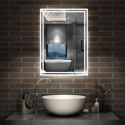 Acezanble Bathroom Mirror with 3 Lights Tone, Bluetooth Speakers 700x500 MM Illuminated LED Bathroom Mirrors Dimmable Touch Switch, Demister Pad, IP44 Rated, Horizontal Wall Mounted Vanity Mirror
