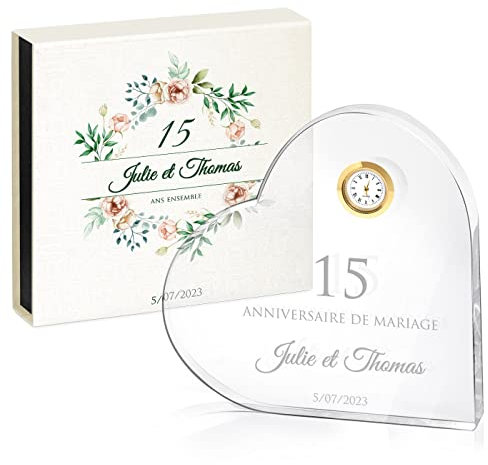 Maverton Statuette cœur en cristal personnalisable avec horloge et Boîte imprimée pour couple - Souvenir de mariage - pour noces - pour parents - amis - pour anniversaire - noces -