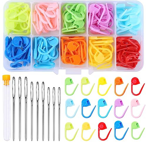 Doxiru 120 Stück Häkel-Maschenmarkierer, 10 Farben, Strickmarker, Häkelklammern, 9 Stück Nähnadeln mit großem Öhr, mit Aufbewahrungsbox für DIY Häkel-Bastelprojekte