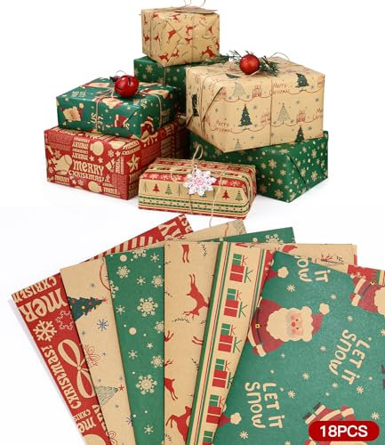 SOBEAU Geschenkpapier Weihnachten Set 18 Blatt, 70 x 50 cm Recyclingpapier Kraftpapier, Geschenkverpackung für Kinder, Geschenke Papier