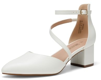 DREAM PAIRS Damen-Pumps mit geschlossenem, spitzem Zehenbereich und niedrigem Blockabsatz, Knöchelriemen, Hochzeitsschuhe, Elegante Schuhe,Size 37,Weiss-Pu,SDPU2354W