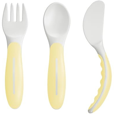 MAM Cubertería de aprendizaje compuesto por cuchillo, tenedor y cuchara, juego de cubiertos de 3 piezas con asas antideslizantes, cubiertos seguros para bebés para zurdos y diestros, a partir de 6