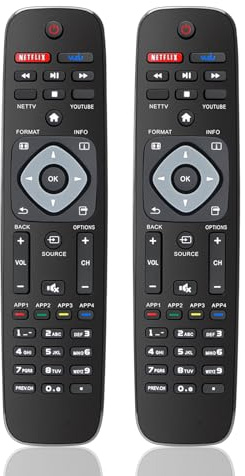 Gvirtue Lot de 2 télécommandes de rechange pour toutes les télécommandes Philips Smart TV, LED, LCD, HDTV, UHD HDR 4K 8K, avec bouton Netflix, Vudu, YouTube