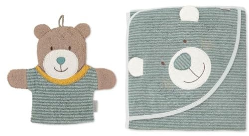 Sterntaler Spiel-Waschhandschuh Bär Ben, Größe: 22 x 24 cm, Mittelgrün & Kapuzenbadetuch Bär Ben, Alter: ab 0 Monaten, 100 x 100 cm, Baumwolle, Mittelgrün