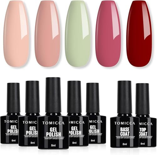 TOMICCA Vernis Semi Permanent, 5 Couleurs Vernis à Ongles Avec Base Coat &Top Coat No Wipe, Rose Nude Vert Clair Rouge Gel UV Semi Permanent Soak Off Nail Art Kit De Démarrage Cadeau, 7 x 8ml