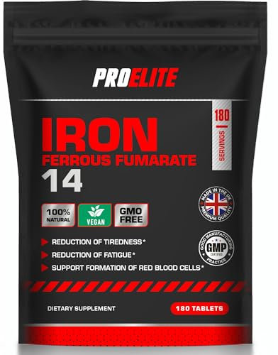 High Strength 14mg - 180 Tablets - Vegan Iron Energy Tablets for Tiredness and Fatigue - High Absorption Iron Supplements for Women and Men - Made in The UK by PROELITE