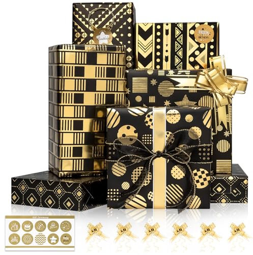Larcenciel Geschenkpapier Set, 6 Blatt Geschenkpapier Schwarz Gold Geschenkpapier mit Geschenkschleife & Aufkleber, Edel Packpapier Geschenkverpackung für Weihnachten Geburtstag Hochzeit, (70x50cm)