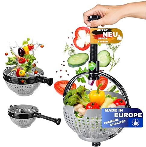 WoonFux® NEU!!! Salatschleuder mit praktischem Klappgriff - Salat Spinner mit minimaler Kraftanwendung durch Druck - Salatschleuder faltbar für Ihren Küchenkomfort (Grau)