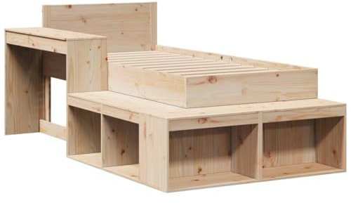 vidaXL Massivholzbett, Einzelbett Holzbett ohne Matratze, Bettgestell mit Lattenrost Kopfteil, Bett Nachttisch mit Schreibtisch, 90x200cm Kiefernholz