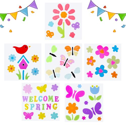 6 Sheets Spring Window Gel Clings Flowers Butterflies Bee Beetle Bird Double Side Window Jelly Stickers Decals Decorations for Bedroom Home Office School Holiday Party Gift