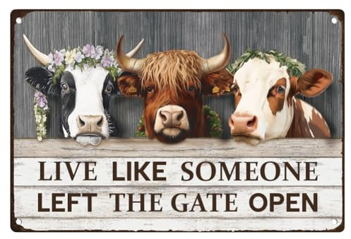 DOODLREAM Metallblechschild Im Vintage Stil Mit Kuh Motiv „Live Like Someone Left The Gate Open“ Retro Wandkunst Poster Für Zuhause Bauernhof Bar Männerhöhle Café Wanddekoration 20 x 30cm