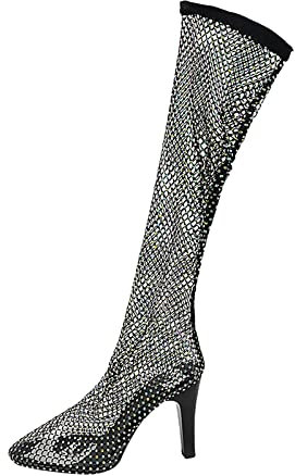 Stivaletti da donna con tacco a spillo, in rete, con tacchi alti, con tacco a spillo, décolleté con strass, sexy, traspiranti, Nero , 42 EU