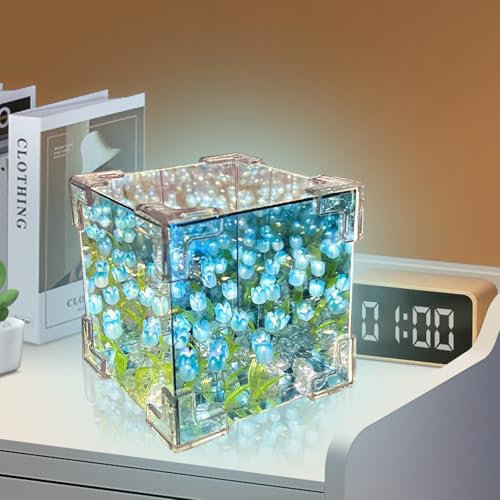 Yootiko Blossom Box, DIY Tulips Cube Mirror Lamp, DIY Tulpenwürfel Spiegel Lampe, Tulpen Nachtlicht, LED Blumen Tulpen Licht, Handgemachte Tulpe Lampe für Tisch Schlafzimmer Heim Dekoration (Blau)