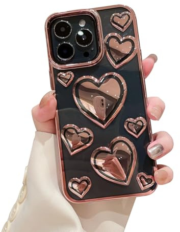 Compatible with iPhone 16 Pro Max Case Clear Glitter 3D Love Hearts Cute Girly Design Protective Transparent Cover for Women Girl Sparkly Bling Chrome Edge Soft TPU Electroplated Glossy Pink Rose Gold
