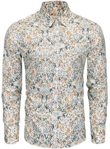 fohemr Mens Floral Shirt Casual Button Down Long Sleeve Flower Printed Shirt 100% Cotton Yellow Large