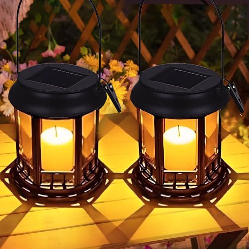 Yowin Solarlaterne für Außen 2 Stück Solarlampen Garten mit LED Kerze, Hängend Solar Laternen Wasserdicht Solar Tischlampe Outdoor, Solarleuchten für Terrasse Balkon Pavillon Deko