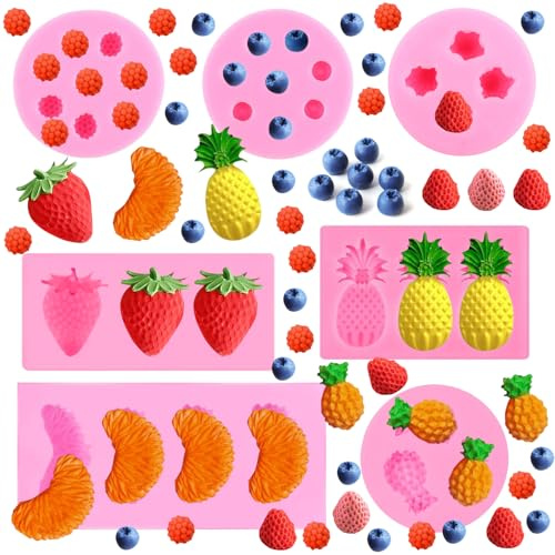 FAURAPMNG - 7 Silikonformen in Fruchtform, Fondant, Kerzen, Snacks, Pralinen, Gummibärchen mit Orange, Erdbeere, Ananas, Maulbeere, Blaubeere, Gelee, Kerzen-Topper, Dekorationen