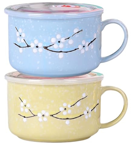 Hperu 2Pcs Soup Bowls with Handles, 800ml/28oz Sealing Heat-Resistant Microwave Soup Mug with Lid Floral Wintersweet Ceramic Travel Mug for Ramen, Noodle, Porridge - Ceramic Bowl with Lid