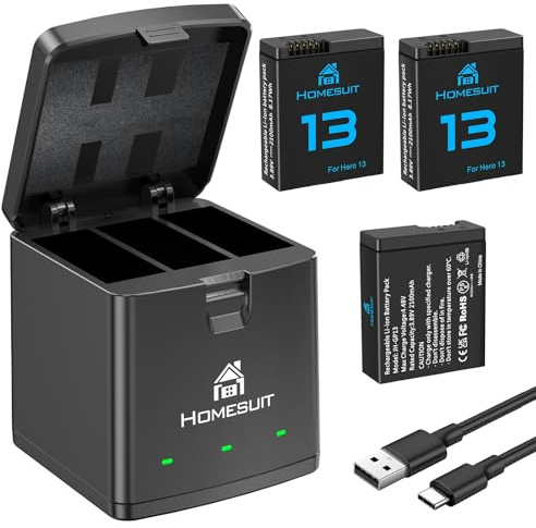 Homesuit Enduro Rechargeable Batteries 2100mAh & 3-Slots Battery Charger for HERO13 Black Replacement Battery Accessory with Type-C (3-Pack)