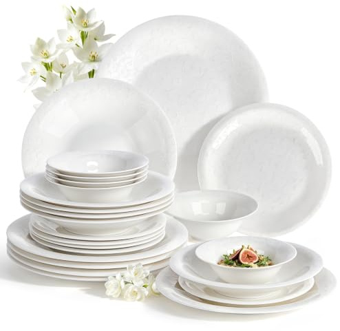 LB LICHTENBERG Geschirrset 24-teilig für 6 Personen, Porzellan, Weiß Emboss | Dinner set, Tafelservice, Je 6 Speiseteller, Dessertteller, Müslischalen, Salatschüssel, Teller set, Kombiservice 6 personen
