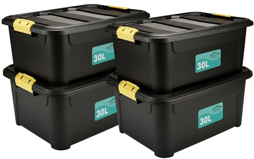 Pack Of 4 Plastic Storage Boxes Black, Heavy Duty Multi-Purpose Indoor & Outdoor Stackable Strong Container Lid Yellow Lock Clip Handles Home, Office School Arts & Crafts Nestable (30 Litre)