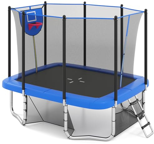 GYMAX Trampoline, 10FT x 8FT Outdoor Rectangle Trampoline with Basketball Hoop, Soccer Goal, Storage Bag, Enclosure Net, Safety Pad and Ladder, Rebounder Trampolines for Adults (Blue)
