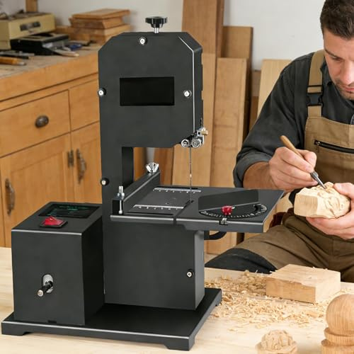 Sierra de cinta de sobremesa de 800 W, corte en bisel ajustable de 0-45°, profundidad de corte de 70 mm y garganta de 90 mm, mini sierra de cinta para madera, acrílico y espuma