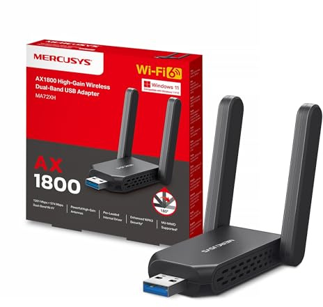 NEW MERCUSYS MA72XH AX1800Mbps WiFi Dongle for PC, Dual-Band USB Adapter | 2 High-Gain Antennas, Plug and Play, USB 3.0 Superior Transfer Speeds, MU-MIMO, WPA3 Security, Supports Windows 10/11