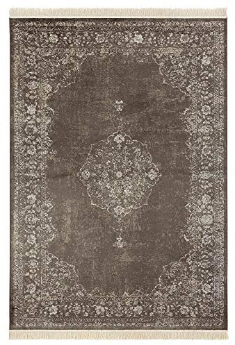 Nouristan Orientalischer Teppich – Wohnzimmerteppich mit Fransen Oriental Vintage Medaillon Naveh Samt-Teppich für Wohnzimmer, Schlafzimmer, Esszimmer, Küche, Flur – Anthrazit, 160x230cm