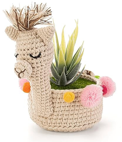 Encike Home Plant Holder - Crochet Plant Pot Holder Features Unique Llama/Alpaca Design with Colorful Pompoms - Planters for Indoor Plants and Succulents - 4 Inch Alpaca