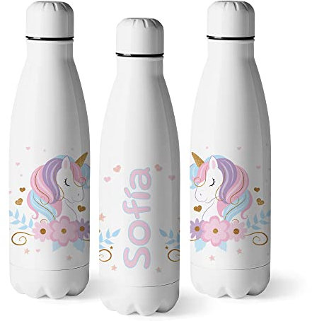 Botella de Agua Unicornio Niña, Botella Personalizada con Nombre, Botella Termo Acero Inoxidable Doble Pared, Libre BPA Tamaño 500ml (Unicornio 3)