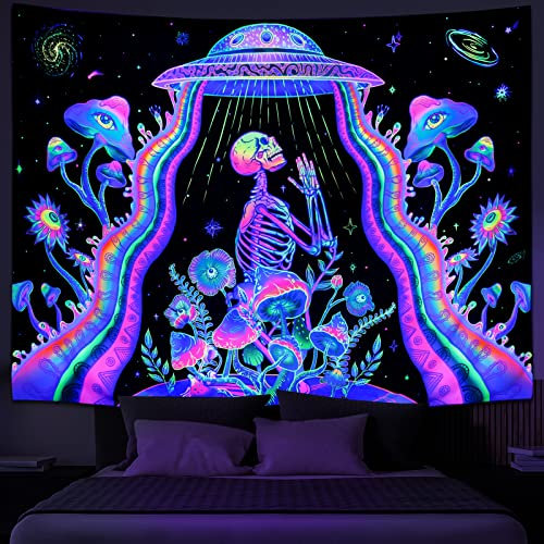Galoker Schwarzlicht-Skelett-Tapisserie, Neon-Pilz-Blumen-Tapisserie, UV-reaktiv, Alien-UFO-Tapisserie, Galaxie, Weltraum-Wandteppich, Wandbehang für Heimdekoration (H x B) 150 x 200 cm