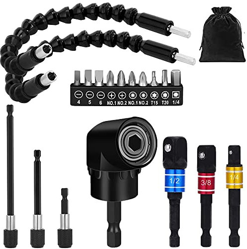 Lot de 19 extensions de forets flexibles à tige hexagonale à angle droit de 105 °, 3 supports de foret, adaptateur de douille universel 1/4, 3/8, 1/2, kit d'embouts de tournevis