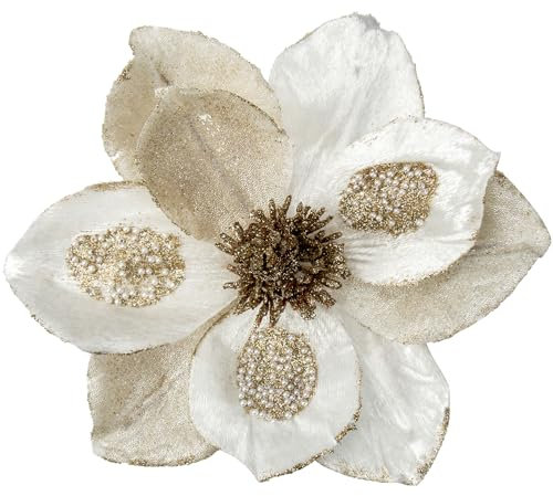 Briful Paquete de 3 flores artificiales de magnolia con purpurina de 10 pulgadas, flores grandes de magnolia blanca para decoración de árbol de Navidad, arreglos de flores artificiales de Navidad para