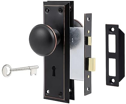 newliplace Mortise Lock Set for Interior/Exterior Door, Vintage Door Knob with Lock and Skeleton Key, Oil Rubbed Bronze Door Lock