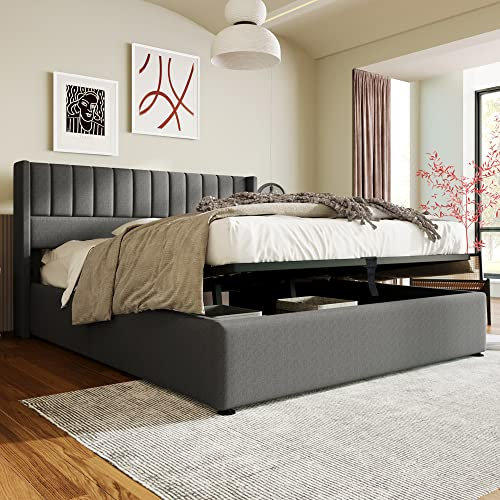 KUAKE Doppelbett 160x200cm, Stauraumbett Polsterbett Hydraulisch Funktionsbett, Lattenrost aus Holz, Bett mit Lattenrost aus Metallrahmen, Leinen (Grau, 160x200cm)