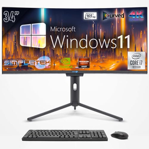 SIMPLETEK - Computer All in One 34 Curved Bildschirm 4K 165Hz für Gaming, Grafik | Core i7 10° Gen | Windows 11 Pro | GPU GTX1050 TI 4GB | 8GB RAM SSD 120GB | 2K Webcam | BT 5.2