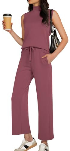 Casly Lamiit Conjunto de verano de 2 piezas para mujer, camiseta sin mangas con cuello alto falso, pantalones de pierna ancha, conjuntos de descanso 2024 a la moda, Fucsia, XS