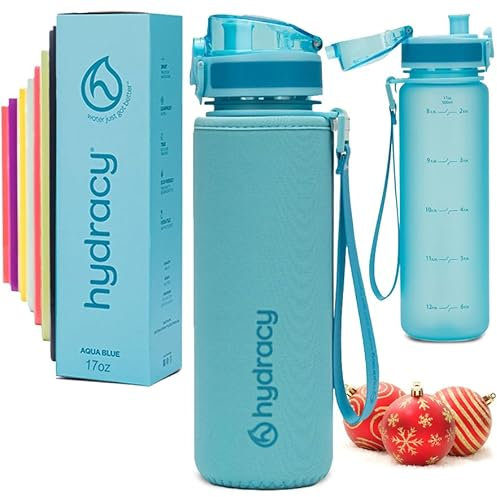 Hydracy Botella de Agua con Marcador de Tiempo - 500 mL Botella de Agua Deportiva sin BPA - Botella de Gimnasio Antifugas con Funda Antitranspirante e Colador de Infusión