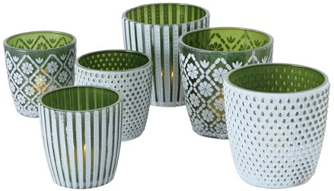 Seaside No.64 - Windlicht-Set 6 teilig aus Glas 7-9cm - Teelichthalter für Romantisches Ambiente - Kerzenständer mit 3 Designs in je 2 Größen - Retro Kristall Ornamente - (olivgrün, Set)