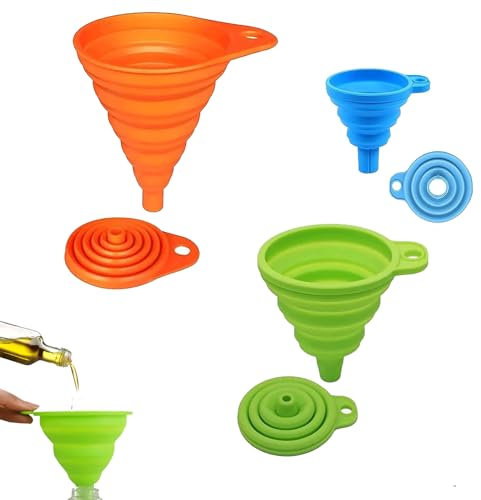 aqlbhz 3 Pcs Collapsible Silicone Funnel Set: Small, Medium, Large for Filling Bottles, Kitchen, Garage, Lab, On the Go