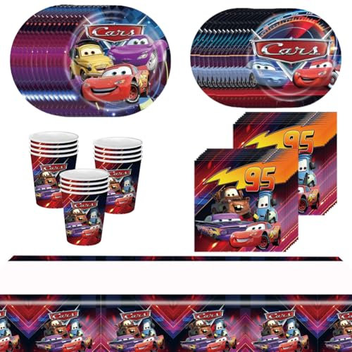 NVKRLFYD 51 Pezzi Set Stoviglie Cars, Decorazioni di Compleanno Cars, Include Piatti, Tazze, Decorazioni per la Tavola, Tovaglioli, Set di Stoviglie per Feste di Compleanno