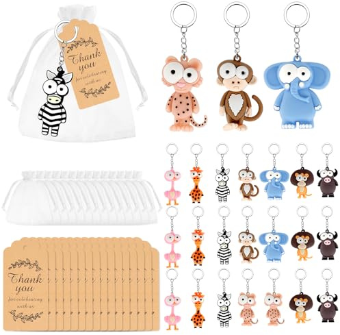 24 Stück Tiere Schlüsselanhänger, Silikon Schlüsselbund mit Organzasäckchen und Dankeschön Tags, 3D Design Dschungel Schlüsselanhänger, Geburtstag Gastgeschenke Schlüsselanhänger für Jungen (8 Stile)