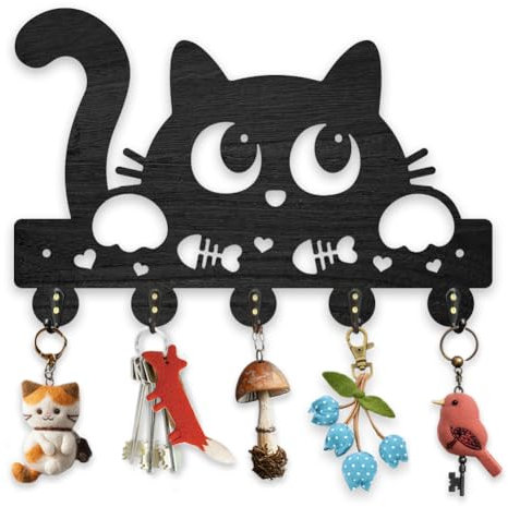 MAYJOYDIY Porte Clés Mural en Bois Avec Joli Chat 30x20cm Thème Animalier Boite a Clefs Murale de Rangement Noir Mur Avec 5 Crochet en Alliage pour Porte D'Entrée Couloir Organisateur