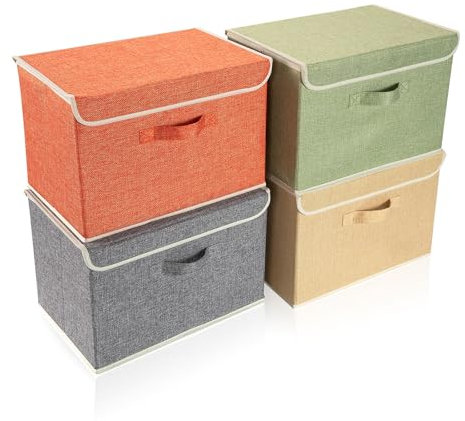 BrilliantJo Storage Boxes with Lid, Foldable Clothing Storage Basket case with Handle for Toy, Books, Closet, Bedroom, Home, 38L x 25W x 25H cm 4 mixed colors A