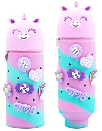 Binblin Trousse Kawaii,Trousse Licorne,Trousse Enfant,Trousse Télescopique 2-en-1,Trousse Silicone Trousse à Crayons Verticale pour Les élèves du Primaire et du Secondaire et Les Adolescents