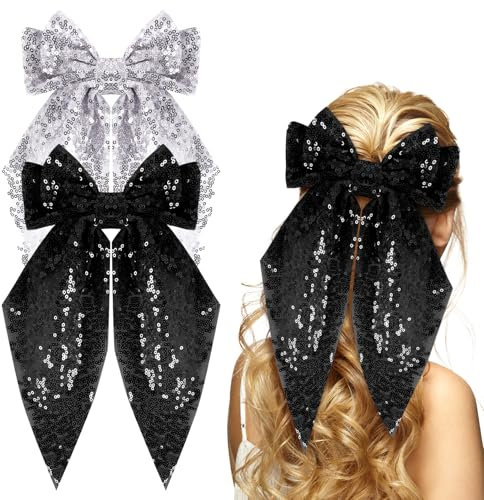 Lot de 2 barrettes à cheveux pour fille - Grand nœud - Nœud scintillant - Vintage - Française - Longue dentelle - Accessoires de cheveux